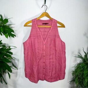 PRANA Faux Button Down V Neck Popover Sleeveless Pleated Mauve Pink Blouse